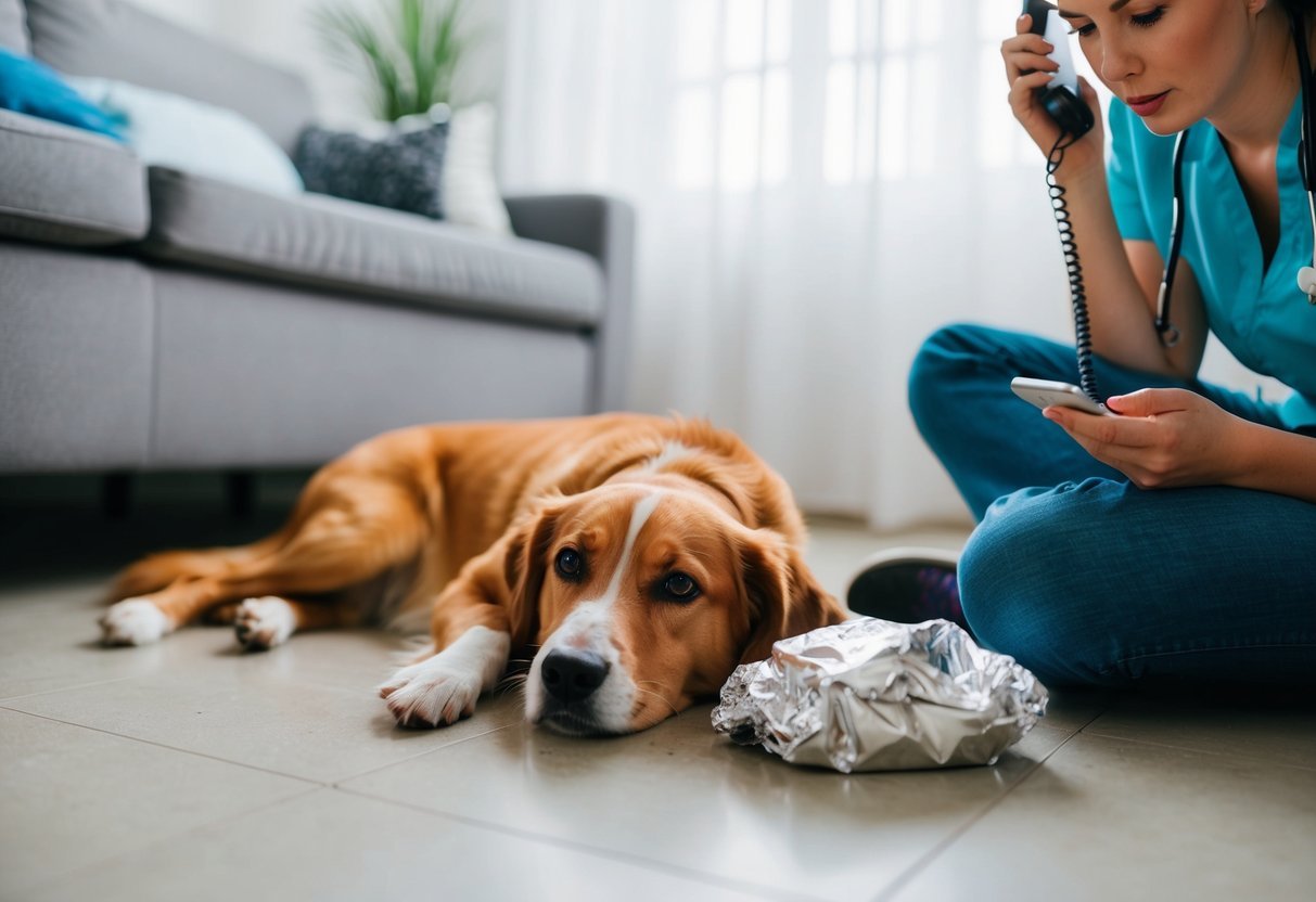 A dog lying on the floor with a crumpled aluminum foil wrapper and a concerned owner on the phone with a veterinarian