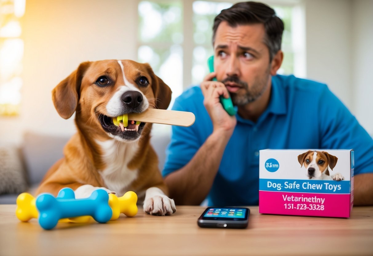 Dog with toy in mouth, man on phone, chew toys, and box