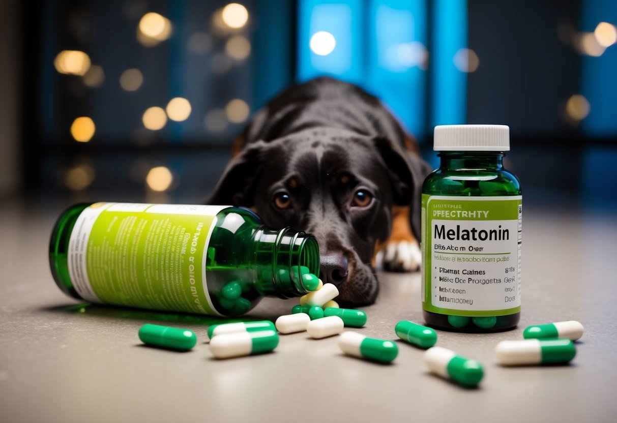 A dog eating a spilled bottle of melatonin, with dosage guidelines and emergency steps scattered around