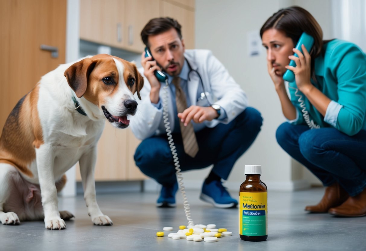 A panicked owner on the phone with a vet while a worried dog looks on, with an open bottle of melatonin spilled on the floor