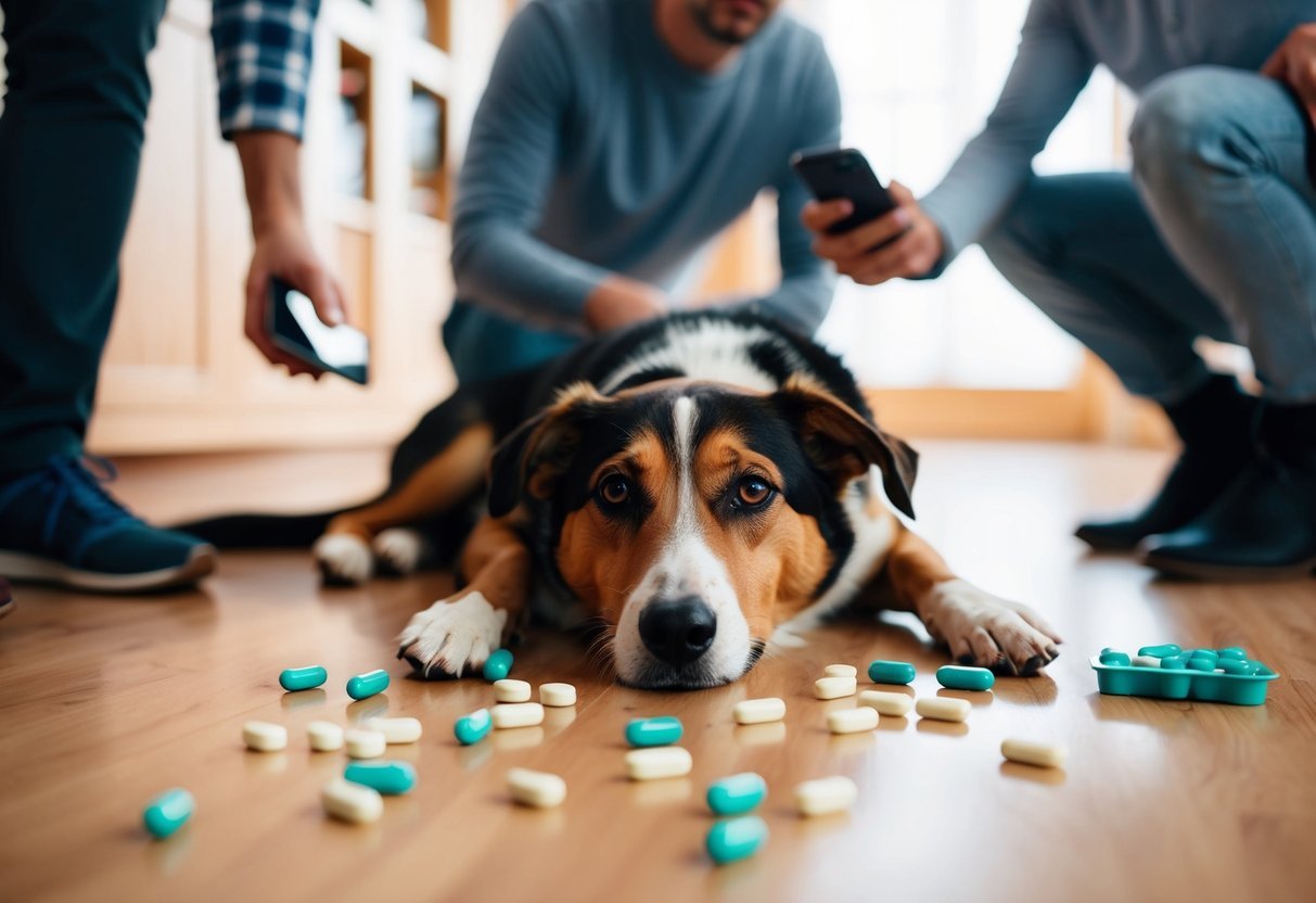 A dog lying on the floor surrounded by spilled melatonin pills, with a concerned owner standing nearby and a phone in hand