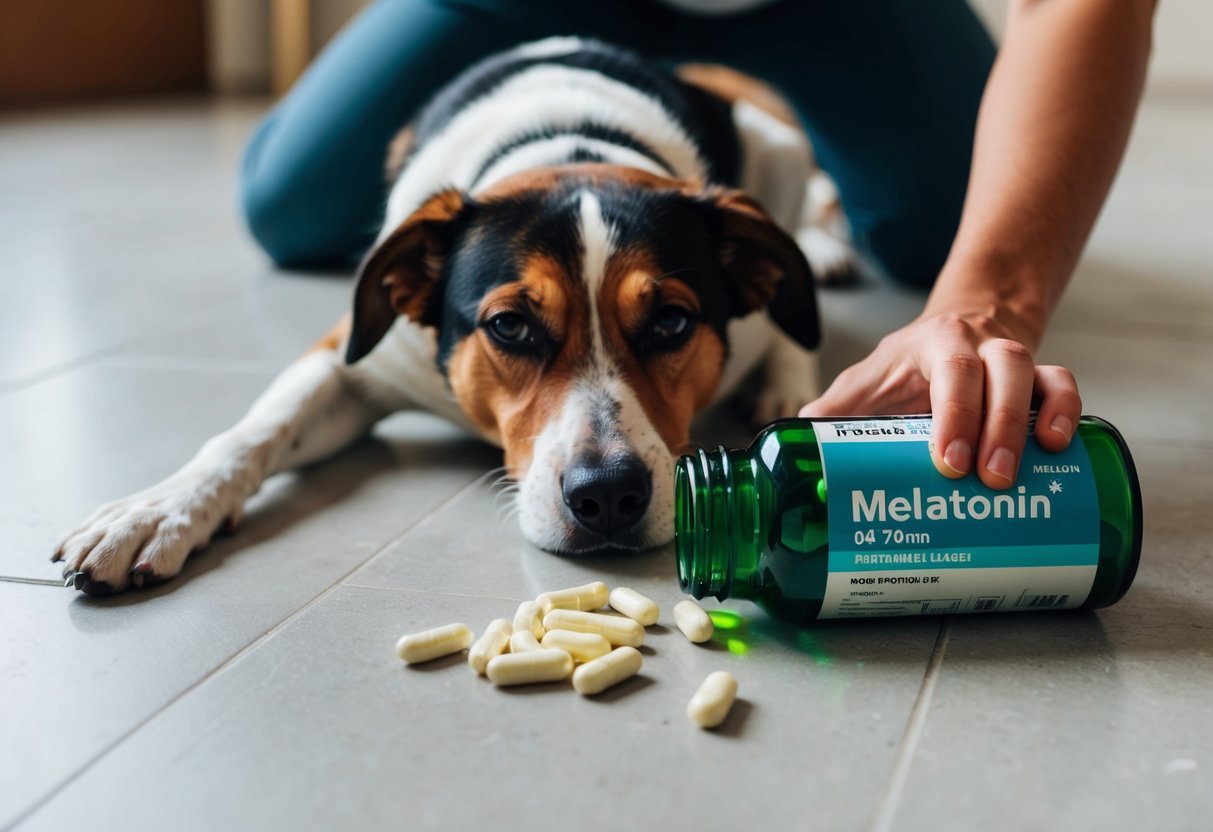 A dog laying on the floor with an open bottle of melatonin spilled nearby.</p><p>The dog looks distressed while the owner rushes to pick up the spilled pills