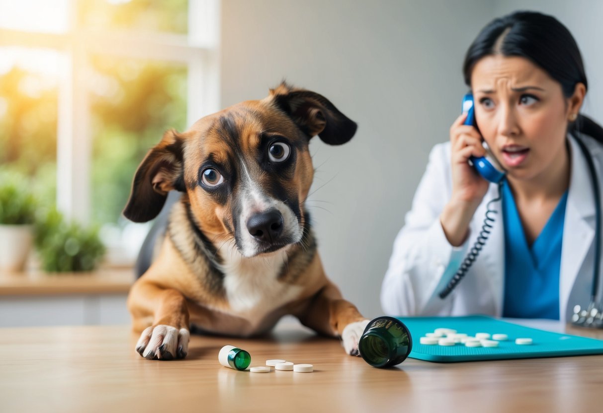 A dog with droopy eyes and staggering movements, a spilled bottle of melatonin, a panicked owner on the phone with a veterinarian