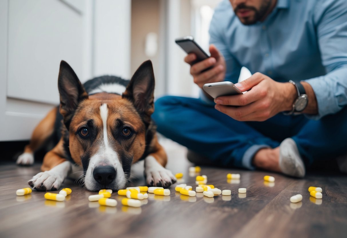 A dog lying on the floor, surrounded by spilled melatonin pills.</p><p>A worried owner looking on, holding a phone