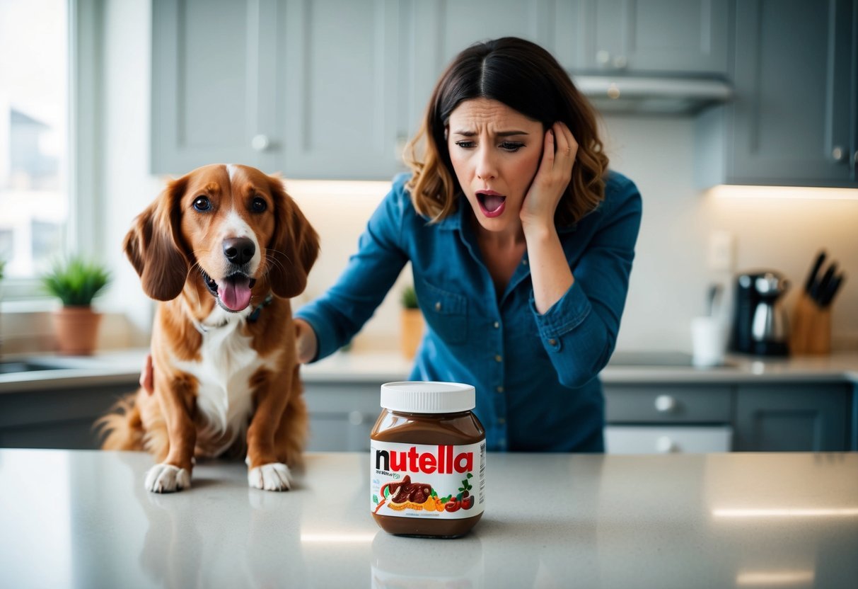 A panicked dog owner frantically searches for symptoms while a jar of Nutella sits open on the kitchen counter