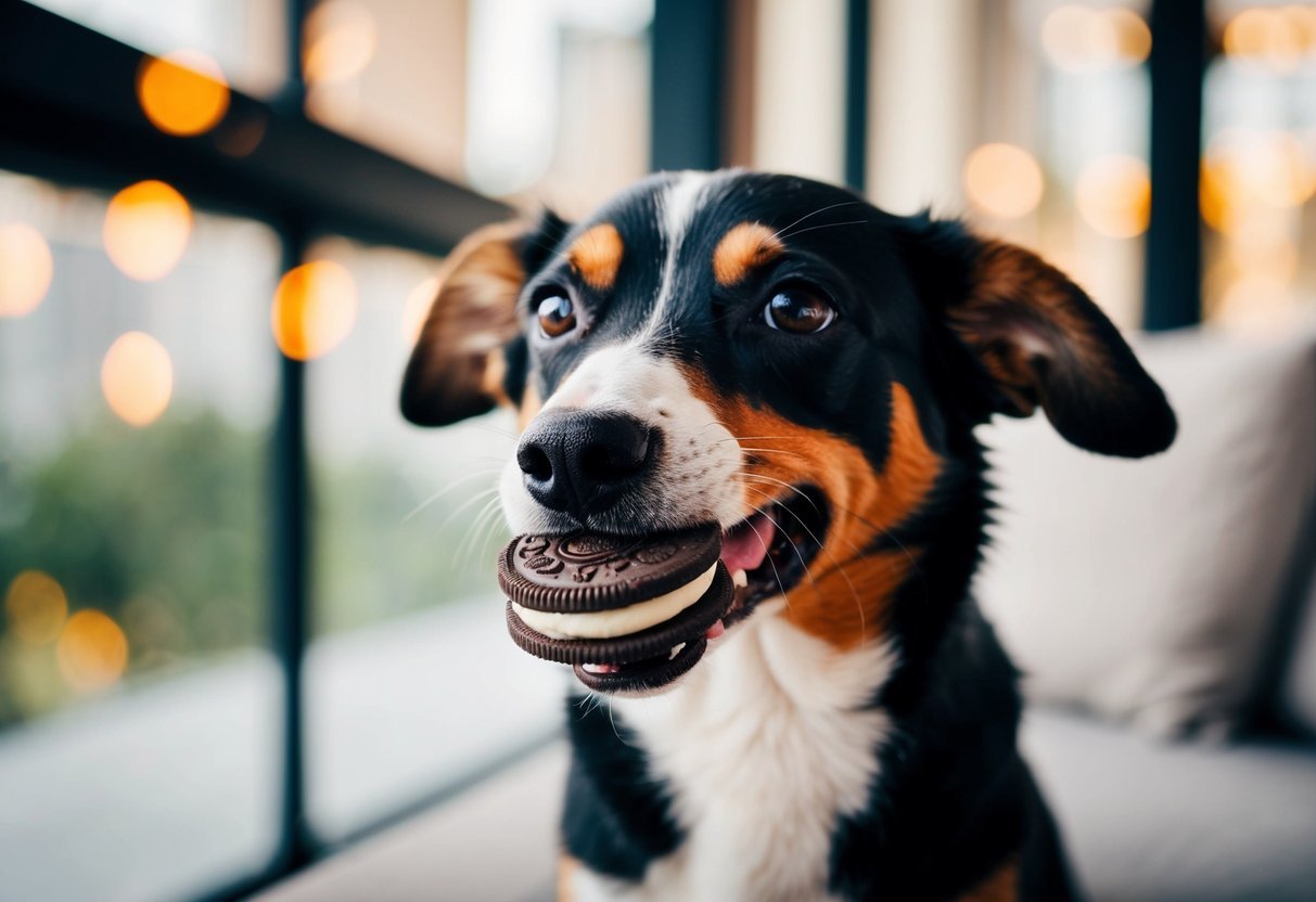 A dog eagerly eats an Oreo, unaware of the unhealthy fats in the cream filling