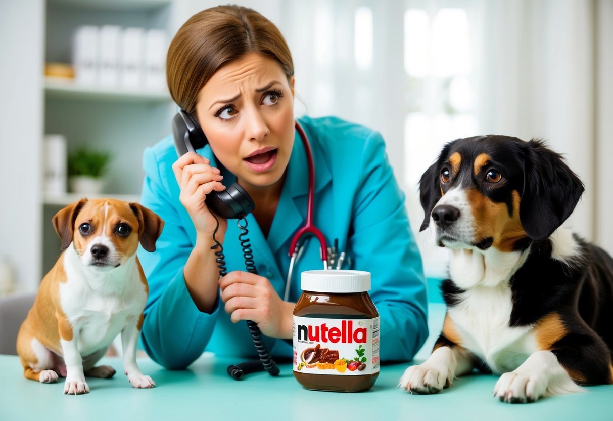 A panicked dog owner on the phone with a vet, surrounded by an empty jar of Nutella and a worried-looking dog