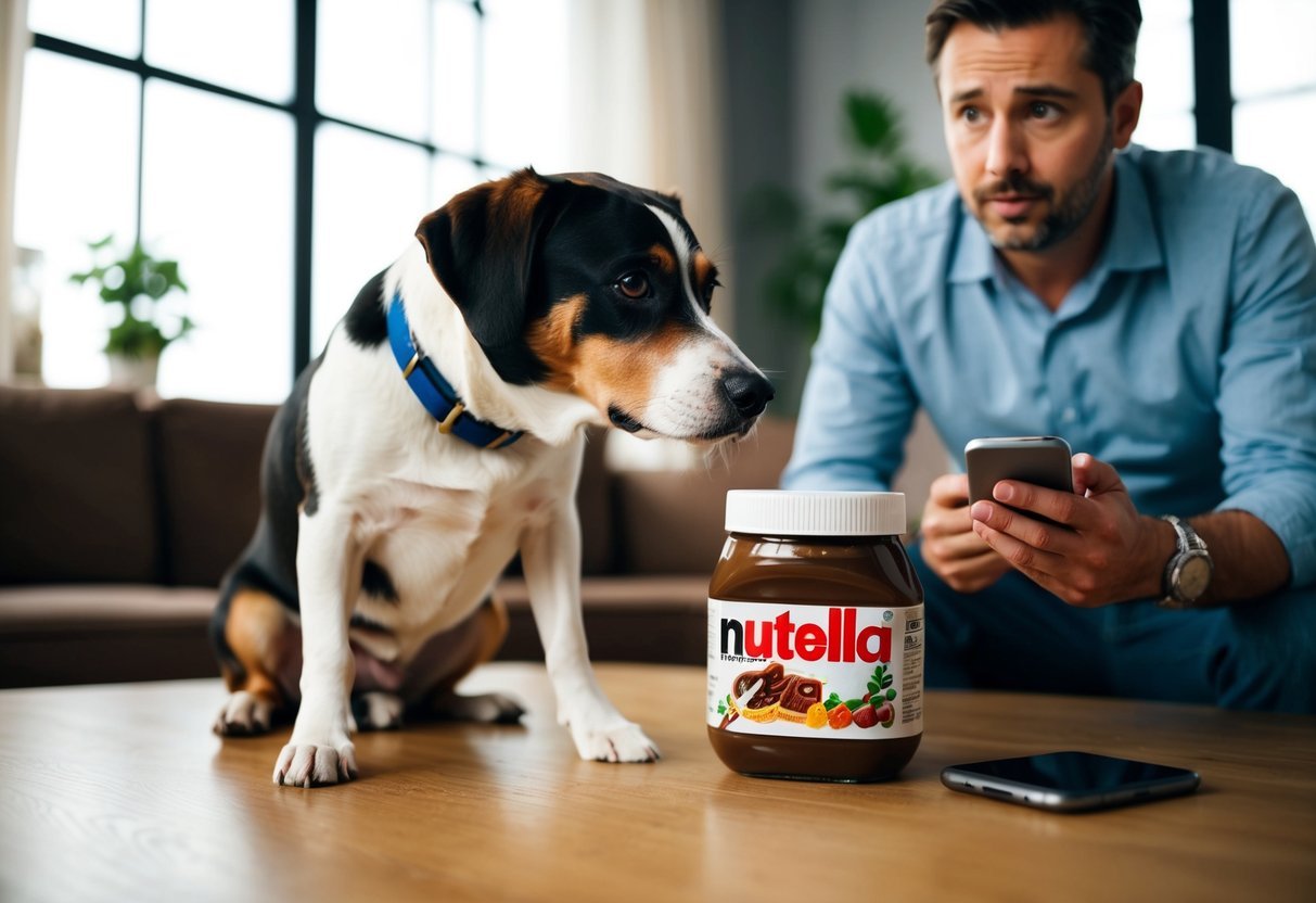 A dog sitting next to an overturned jar of Nutella, with a concerned owner looking on and a phone in hand