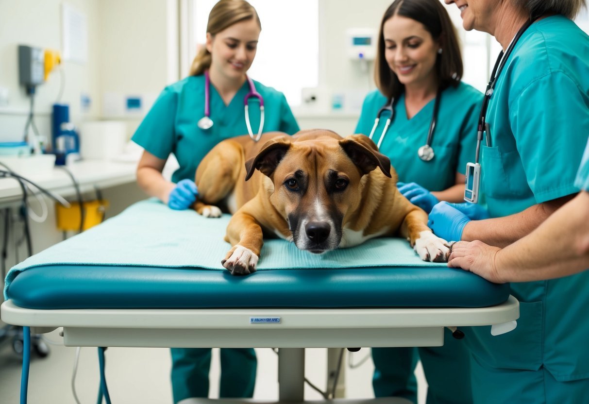 A dog lying on a vet's examination table, surrounded by caring staff and medical equipment at a low-cost clinic like the ASPCA