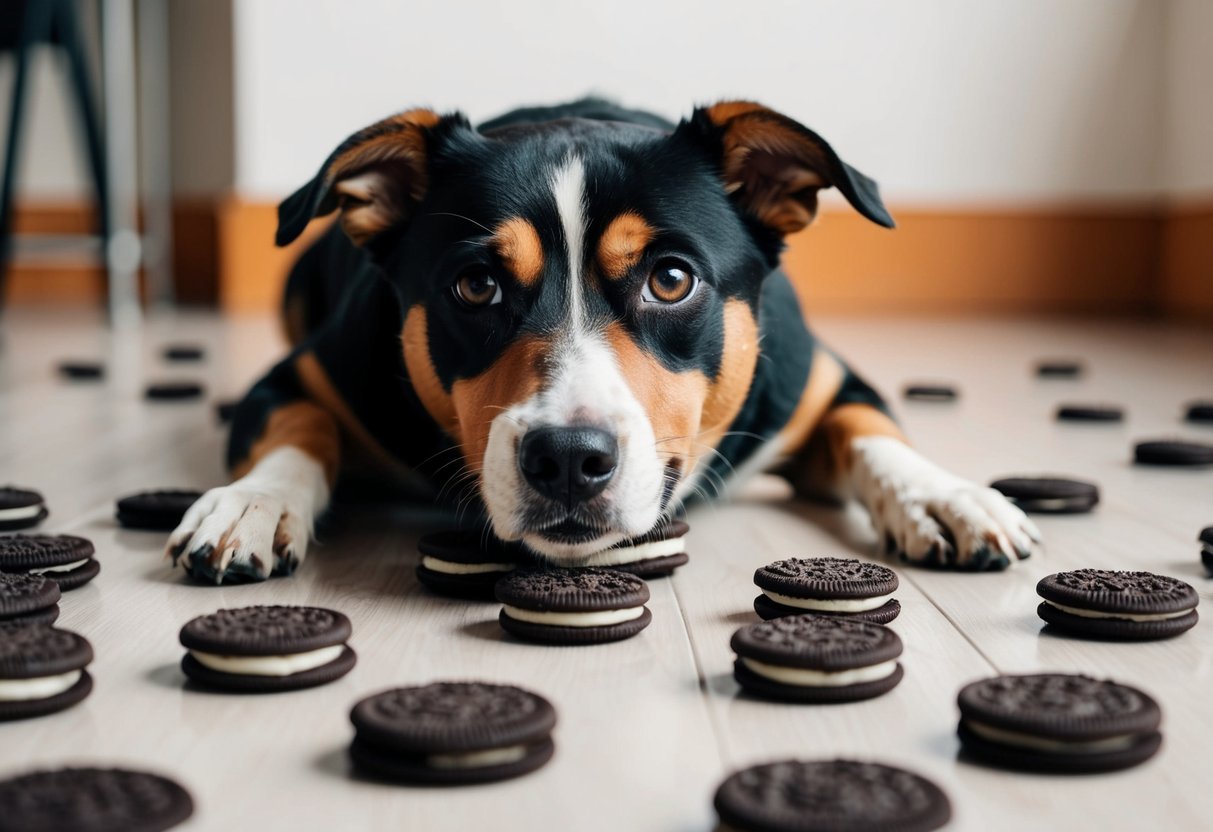 A dog lying on the floor, surrounded by scattered Oreo cookies, with a worried expression and a rumbling stomach
