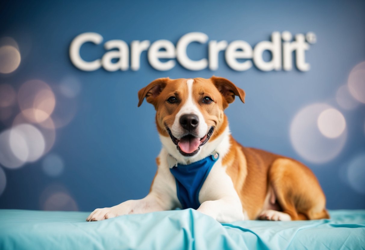 A happy dog recovering from surgery with a CareCredit logo in the background