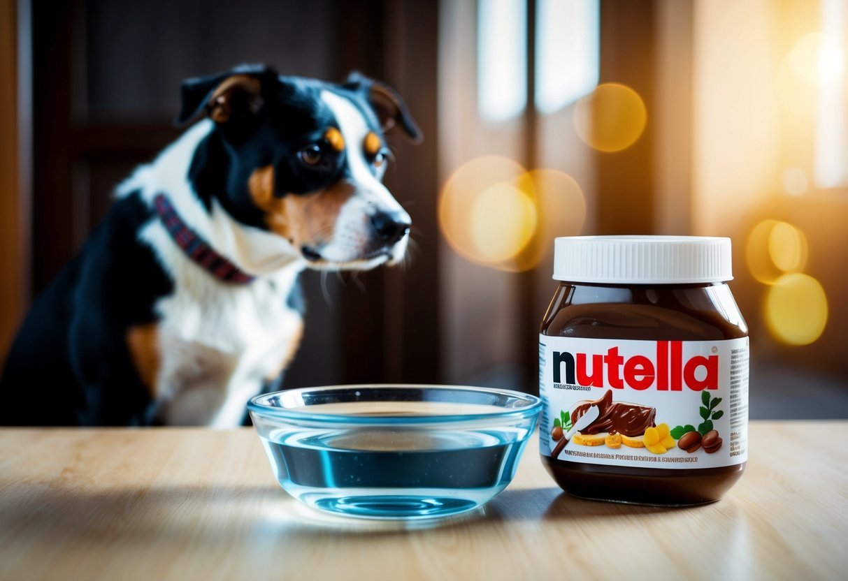 A dog bowl filled with fresh water next to a jar of Nutella with a worried dog in the background