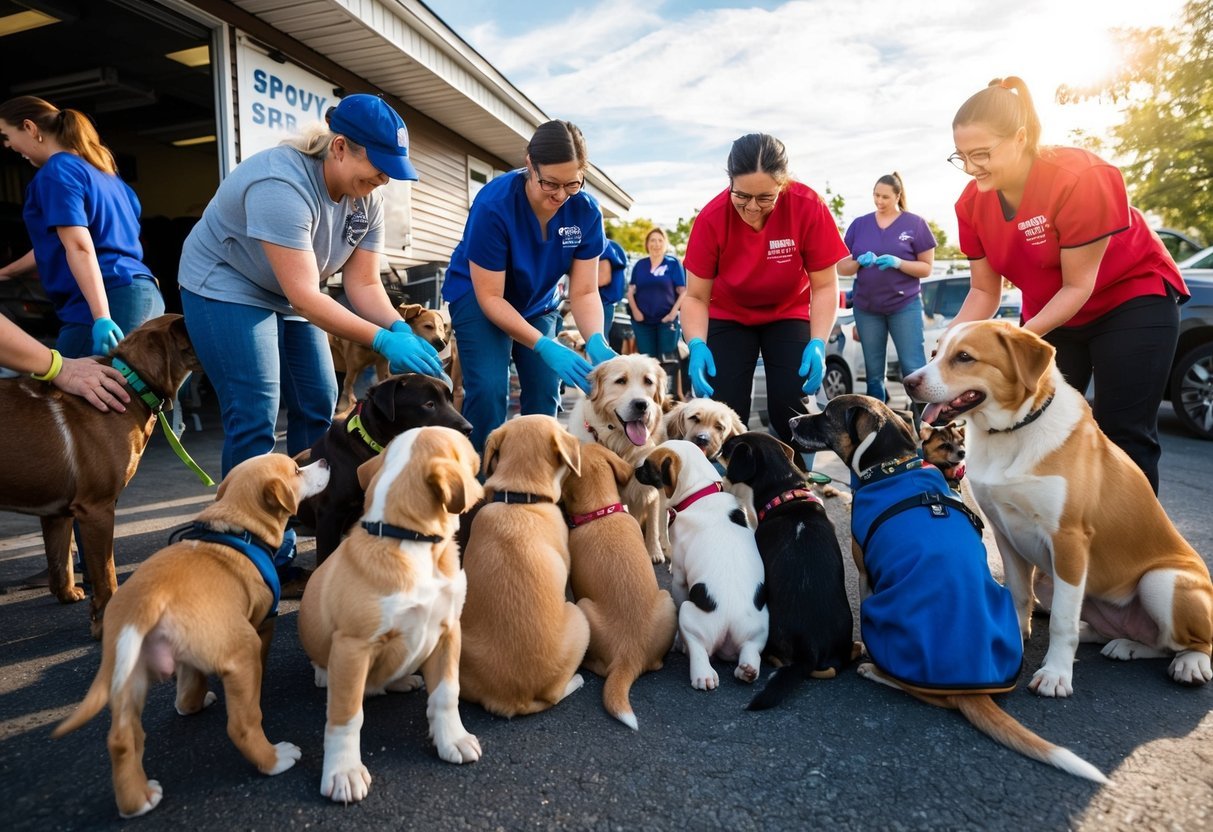 A group of dogs and puppies gather around a local pet organization, receiving spay/neuter assistance.</p><p>The organization's staff are busy helping the animals while the sun shines overhead