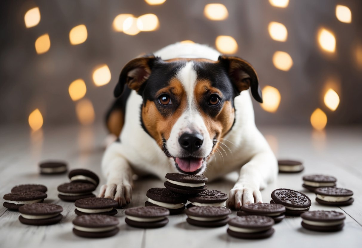 A dog surrounded by scattered Oreo cookies, with a guilty expression and an upset stomach