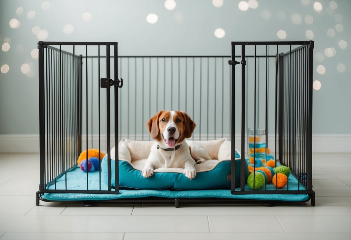 A cozy dog bed surrounded by a gated area with water and toys, set against a calm, clean background