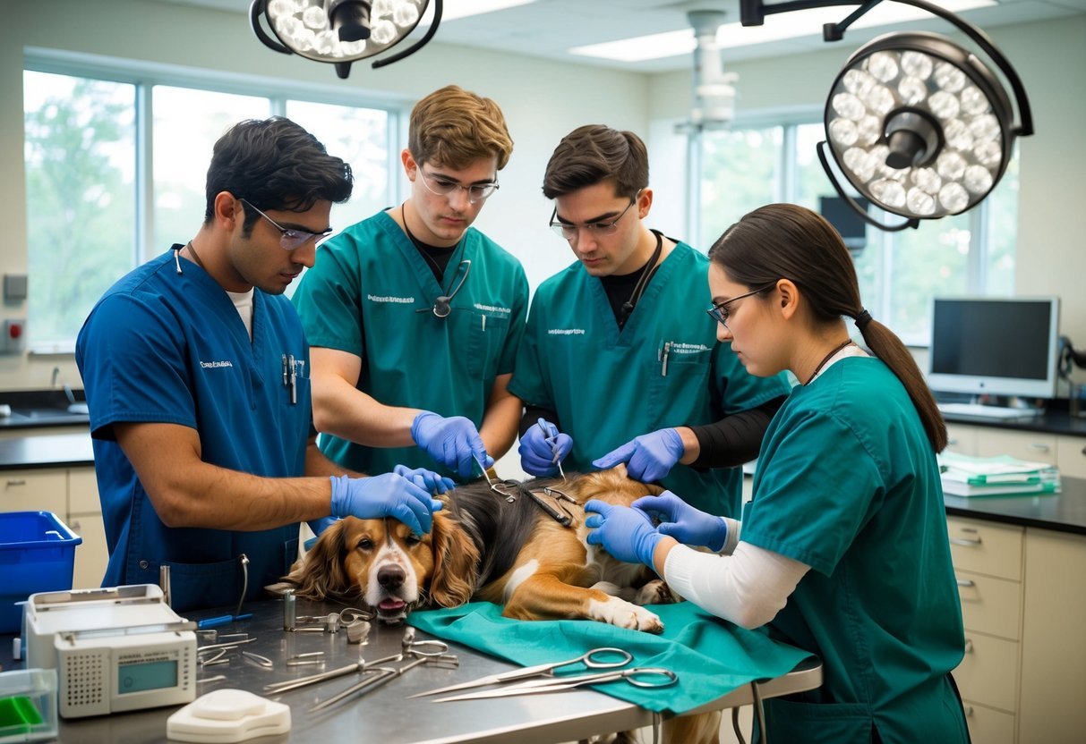 A group of students in a veterinary school operating on a dog, with surgical tools and equipment around them
