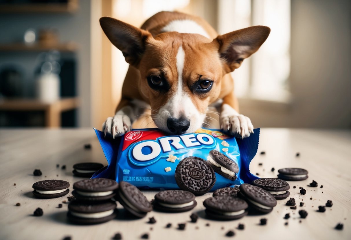A mischievous dog sneaks Oreos from an open package, surrounded by scattered cookie crumbs and a guilty expression