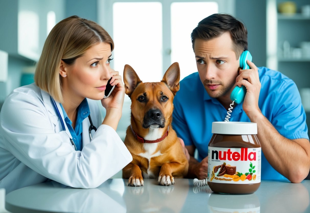A worried dog owner on the phone with a veterinarian, while their dog looks guilty next to an empty jar of Nutella
