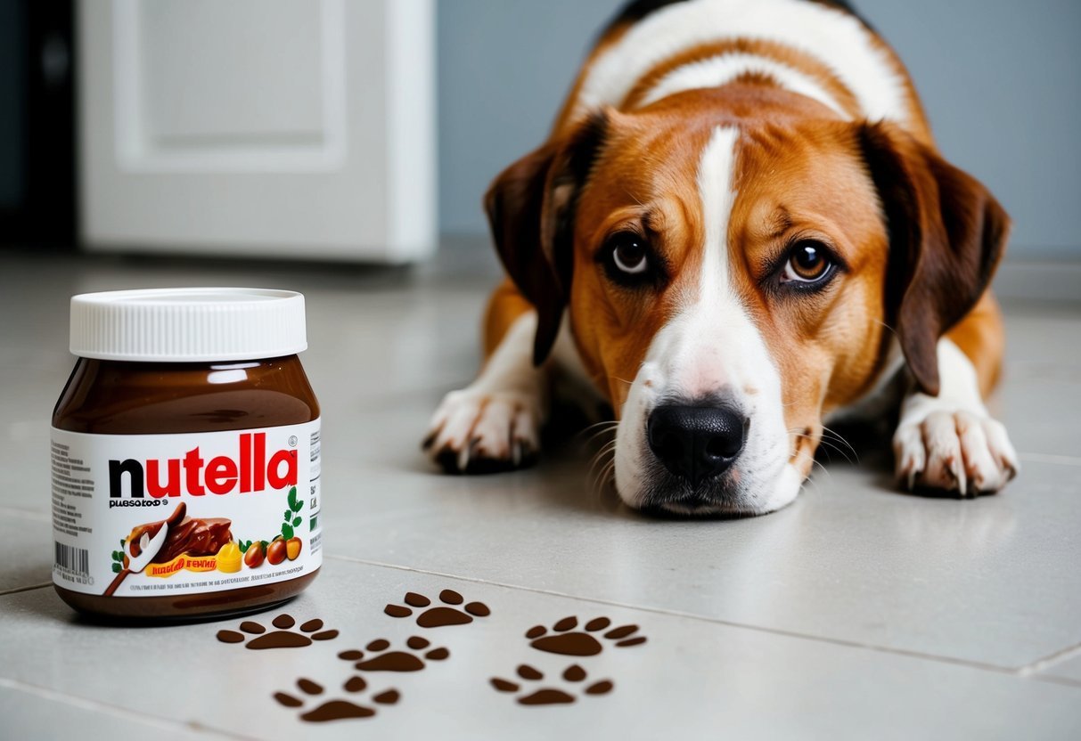 A dog with a guilty expression, a half-empty jar of Nutella, and scattered chocolate paw prints on the floor