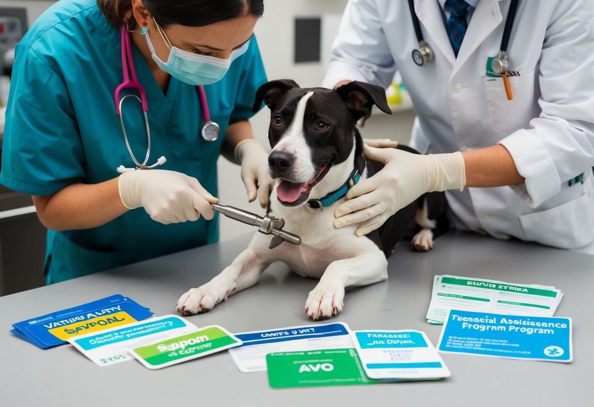 A veterinarian performing a successful spaying surgery on a dog, surrounded by various cost-saving items like coupons, discount cards, and financial assistance program information