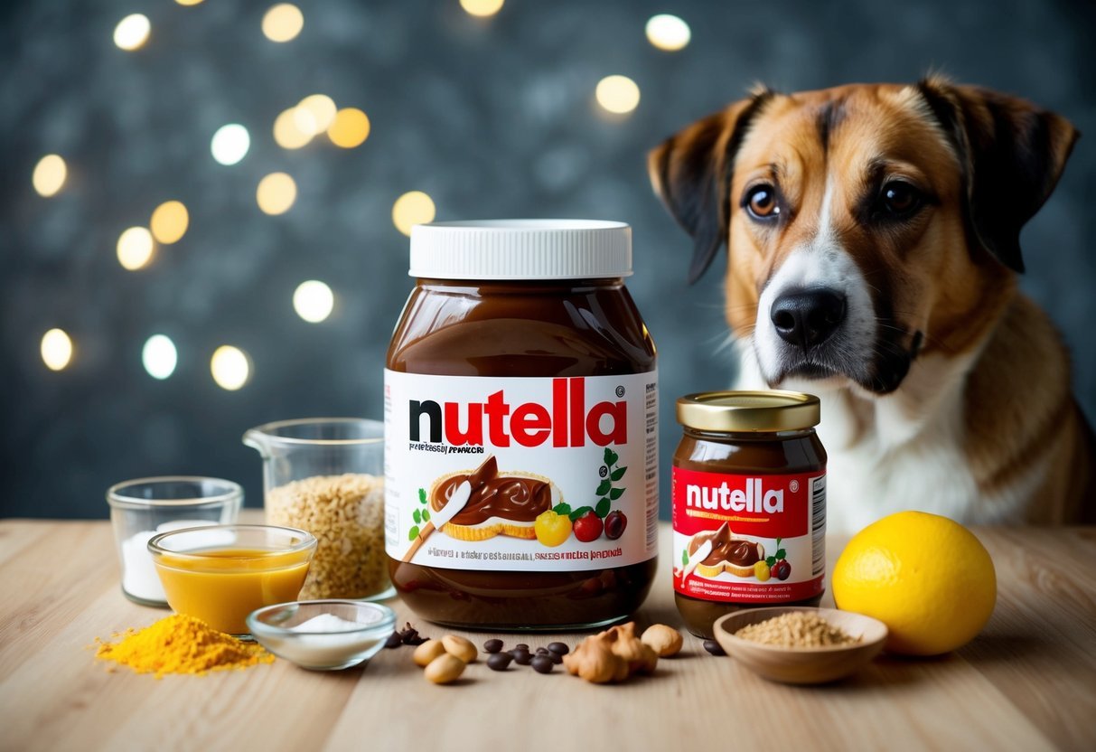 A jar of Nutella surrounded by various ingredients, with a worried dog nearby
