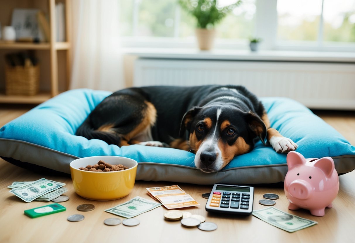 A dog lying on a comfortable bed with a bowl of food and water nearby, surrounded by various money-saving items like coupons, a calculator, and a piggy bank