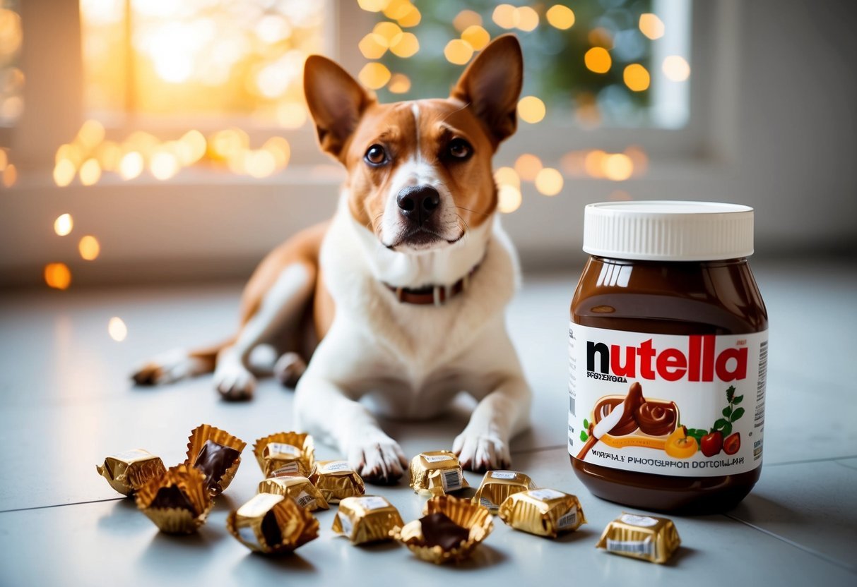 A dog with a guilty expression surrounded by an empty jar of Nutella and scattered chocolate wrappers
