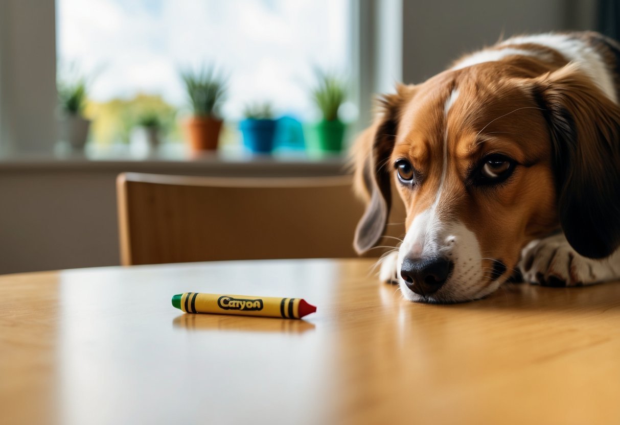 A colorful crayon sits on a table, just out of reach of a curious dog.</p><p>The dog looks on with interest, but is unable to access the crayon