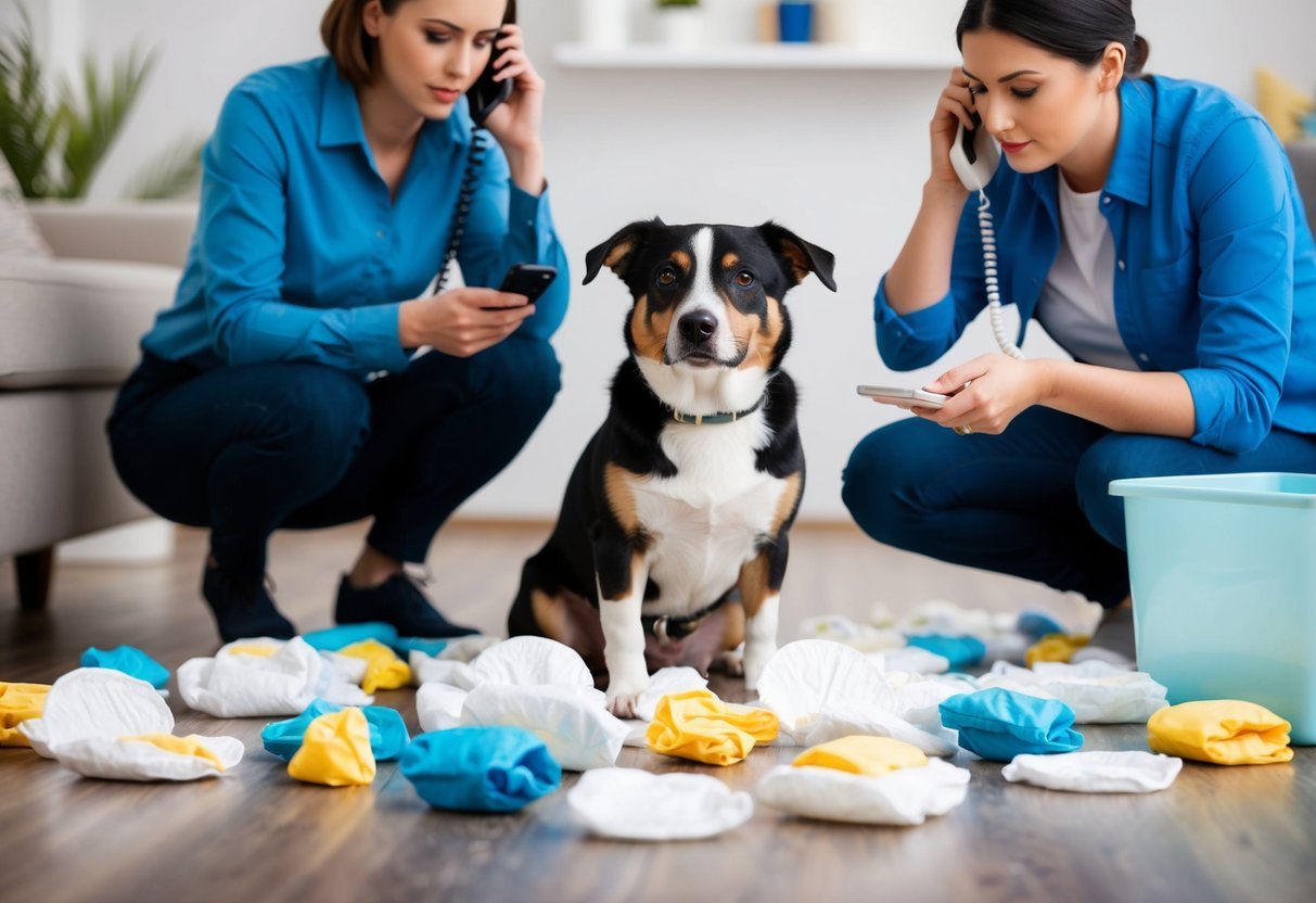A dog surrounded by scattered diapers, with a concerned owner on the phone with a veterinarian, while another person searches for pet-safe deterrents