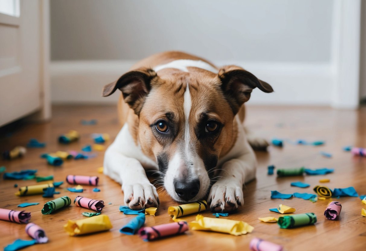 A dog surrounded by torn crayon wrappers and scattered crayon pieces on the floor, with a guilty expression on its face