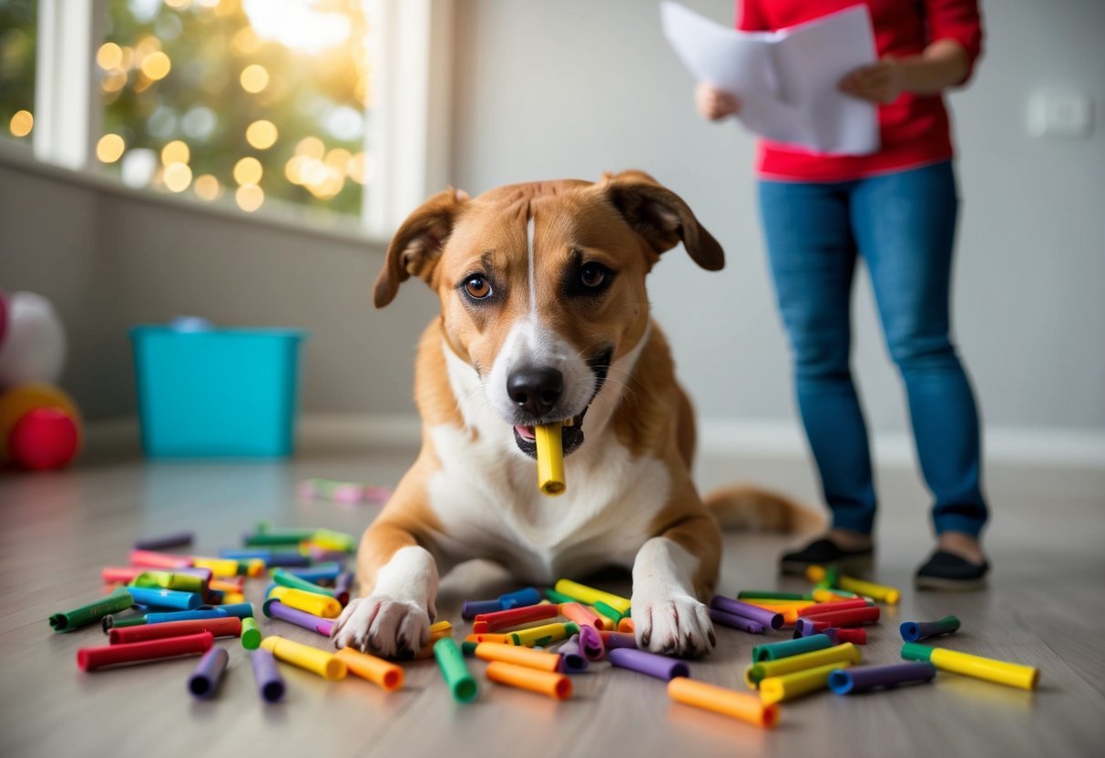 A dog surrounded by scattered crayons, looking guilty as it chews on a colorful piece.</p><p>A worried owner stands nearby, holding a list of quick actions