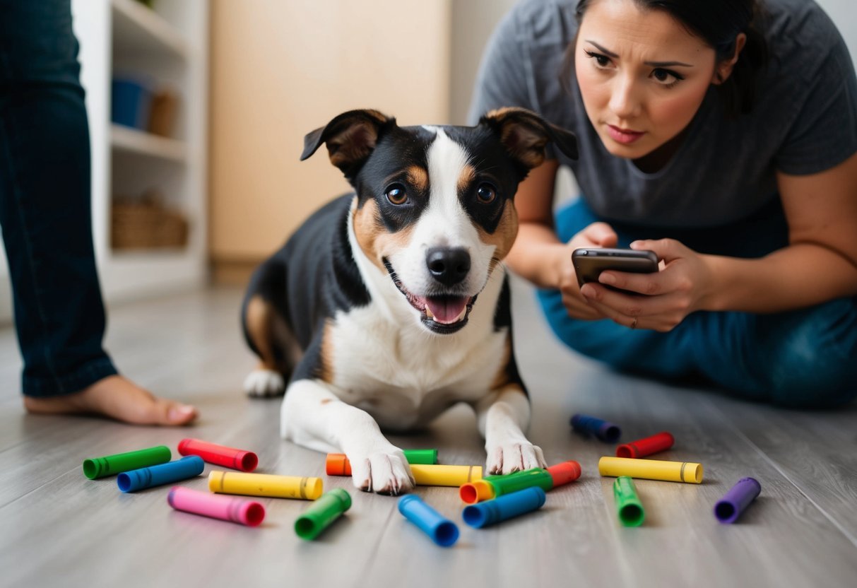 A dog with a guilty expression surrounded by colorful crayon pieces on the floor.</p><p>A concerned owner looks on, holding a phone