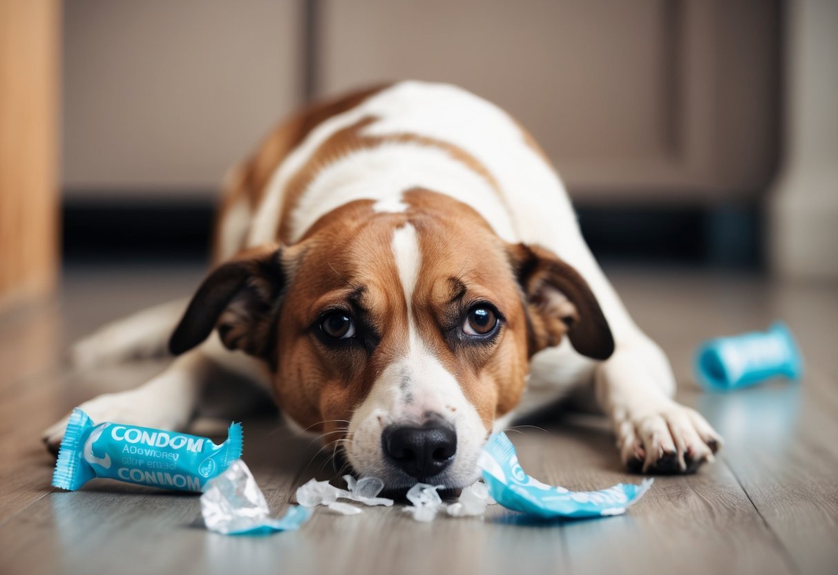 A dog lying on the floor with a worried expression, surrounded by torn pieces of a condom wrapper and struggling to swallow