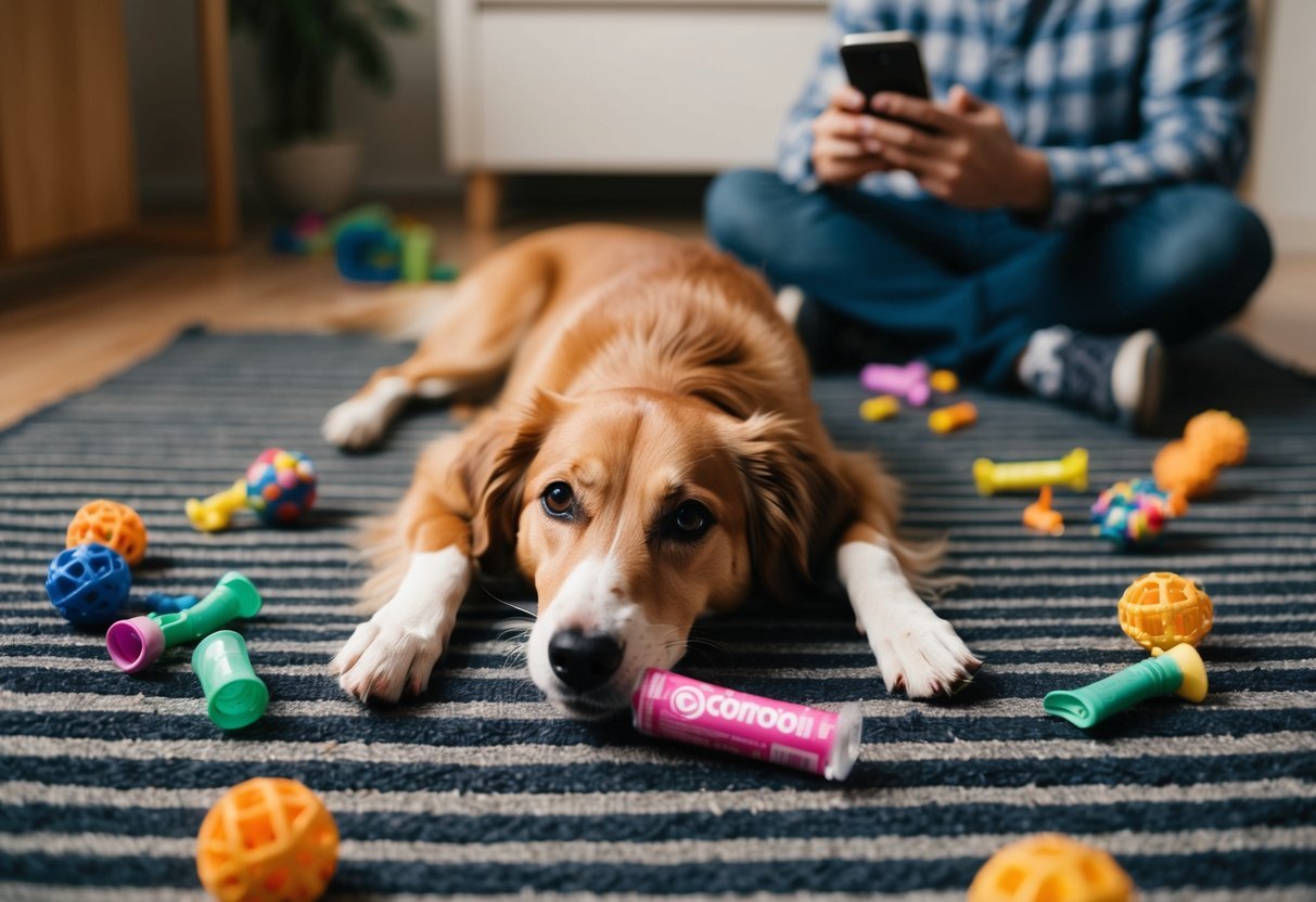A dog lying on a rug, surrounded by scattered toys and a chewed-up condom wrapper.</p><p>A worried owner looks on, holding a phone