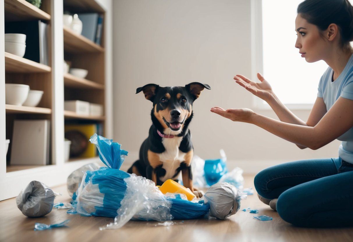 A dog surrounded by torn plastic wrap, with a concerned owner gesturing to stop feeding