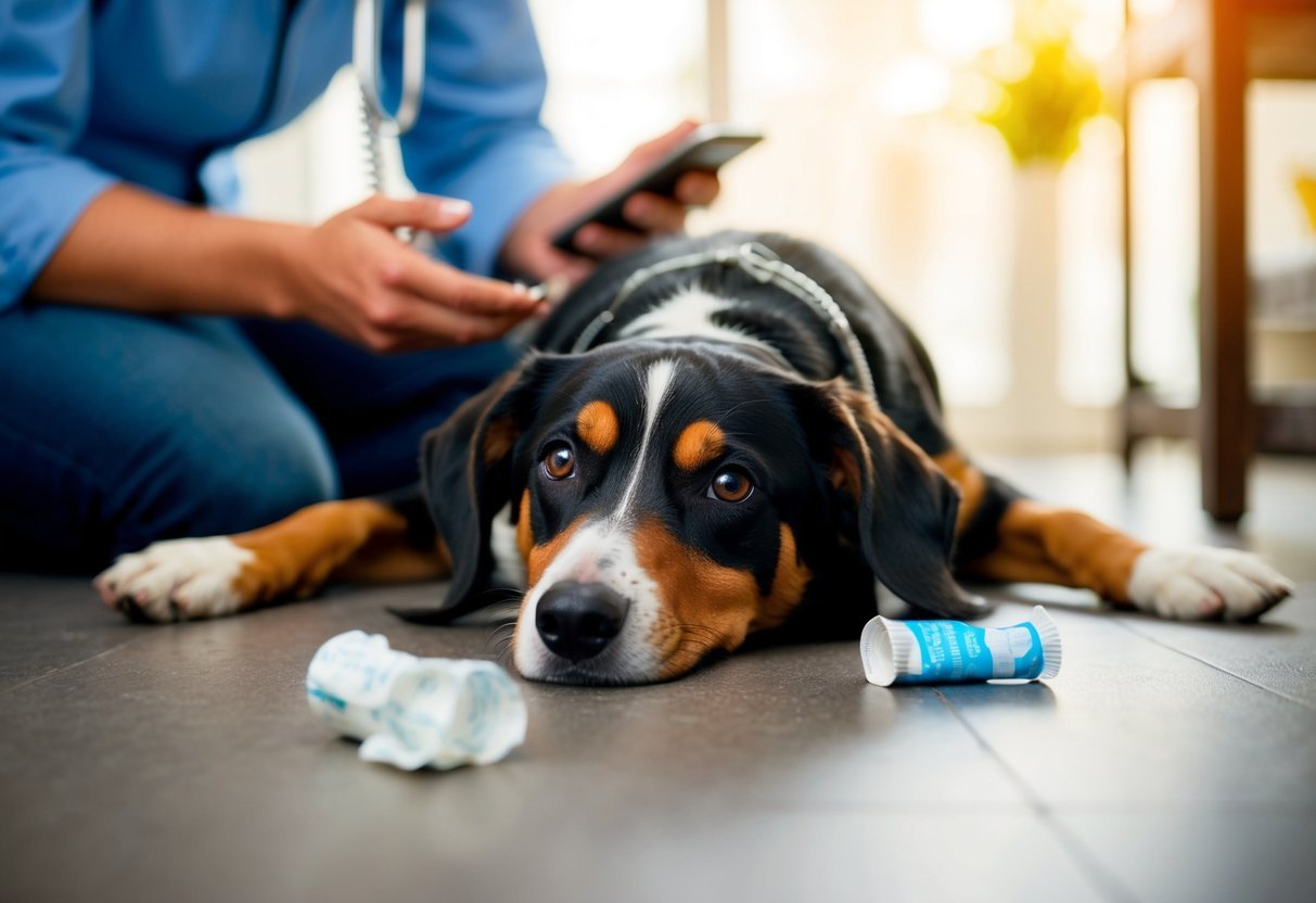 A dog lying on the floor with a condom wrapper nearby, while a person is on the phone with a veterinarian