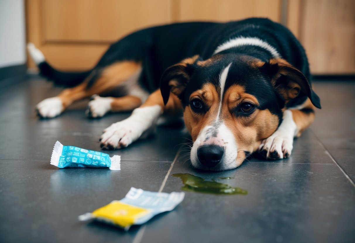 A dog lying on the floor with a vomit next to it, looking tired and unenergetic.</p><p>A condom wrapper is torn open nearby