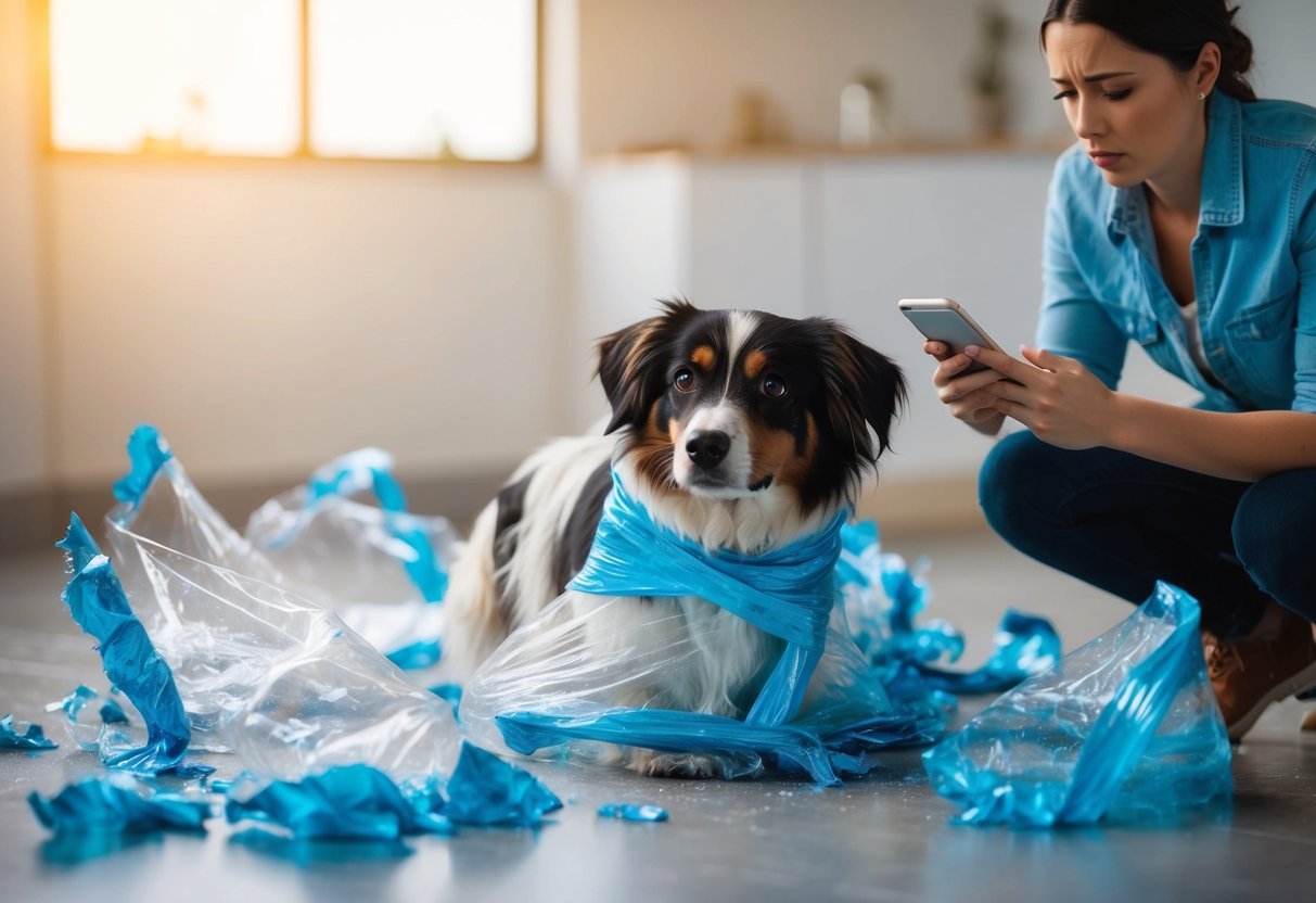 A dog surrounded by torn plastic wrap, with a concerned owner nearby.</p><p>The dog appears distressed while the owner looks up emergency actions on their phone