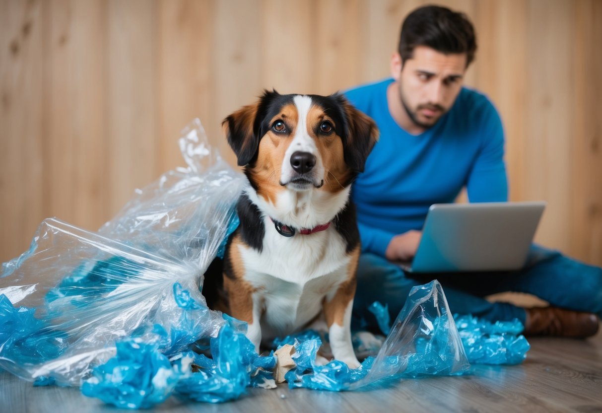 A dog surrounded by torn plastic wrap, with a concerned owner looking on.</p><p>The dog appears distressed while the owner looks for help online