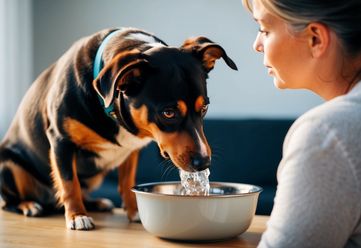 A dog drinking water from a bowl, with a concerned owner looking on