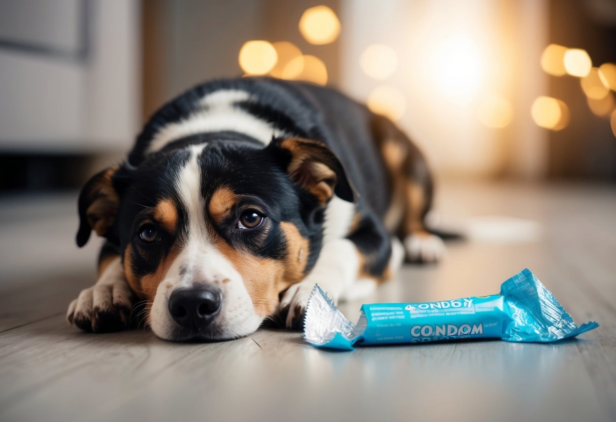 A dog lying on the floor with a condom wrapper torn open nearby, looking distressed