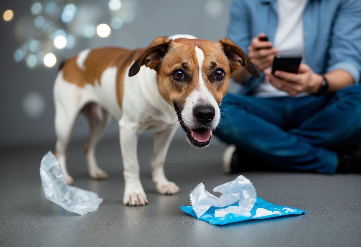 A dog with a worried expression standing near a torn condom wrapper, with the torn condom visible nearby.</p><p>The dog's owner looks concerned and is holding a phone, possibly calling for help