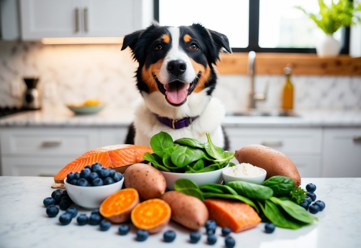 Happy dog with healthy food like salmon, blueberries, and sweet potatoes
