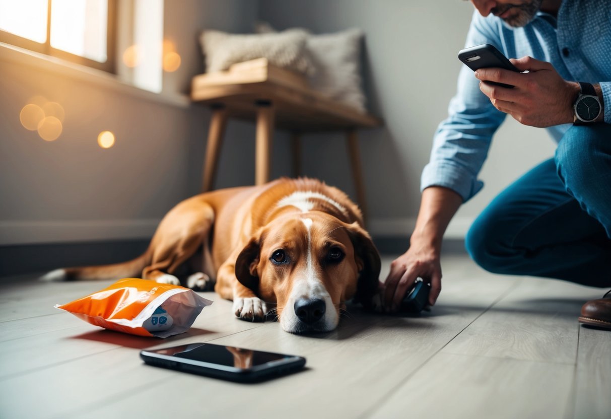 A dog lying on the floor with an open nicotine pouch nearby, a concerned owner looking at the dog, a phone in hand ready to call for help