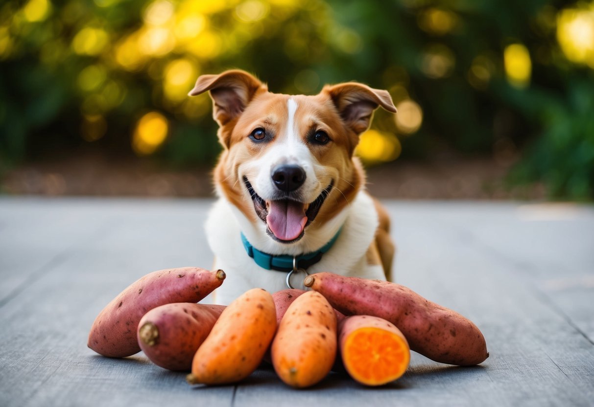 A happy dog surrounded by five vibrant sweet potatoes