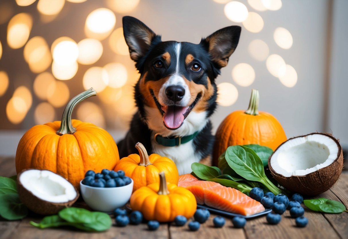 A happy dog surrounded by fresh pumpkin, blueberries, spinach, salmon, and coconut, with a vibrant and healthy glow