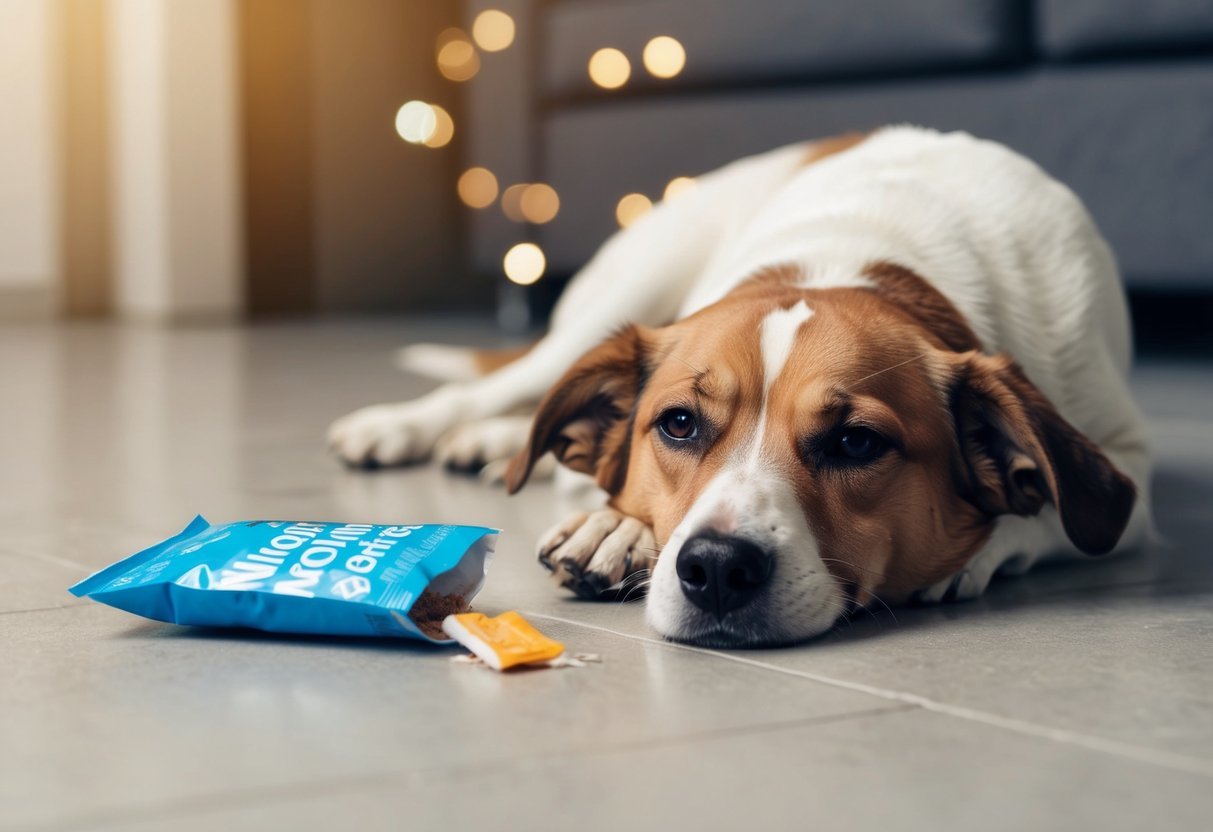 A dog lying on the floor with a torn nicotine pouch nearby, showing signs of distress and discomfort