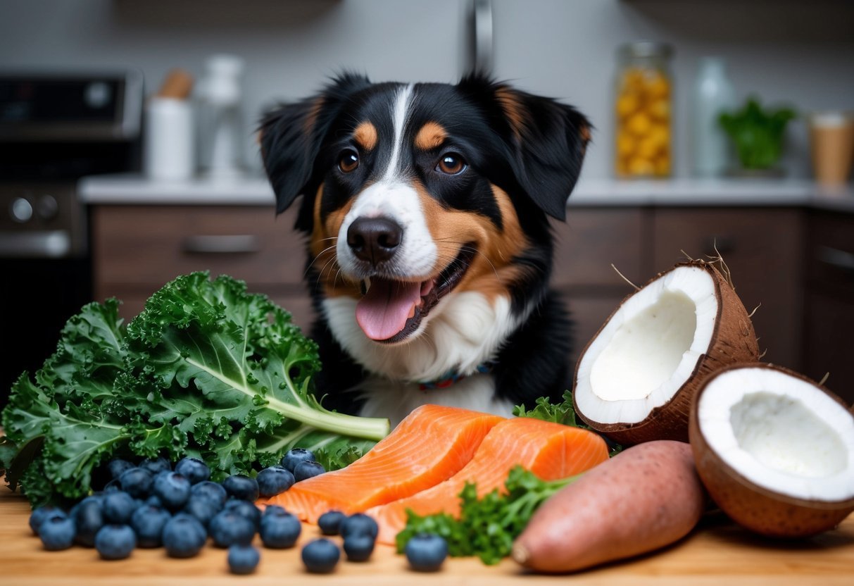 A happy dog surrounded by kale, blueberries, sweet potatoes, salmon, and coconut, with a vibrant, healthy glow