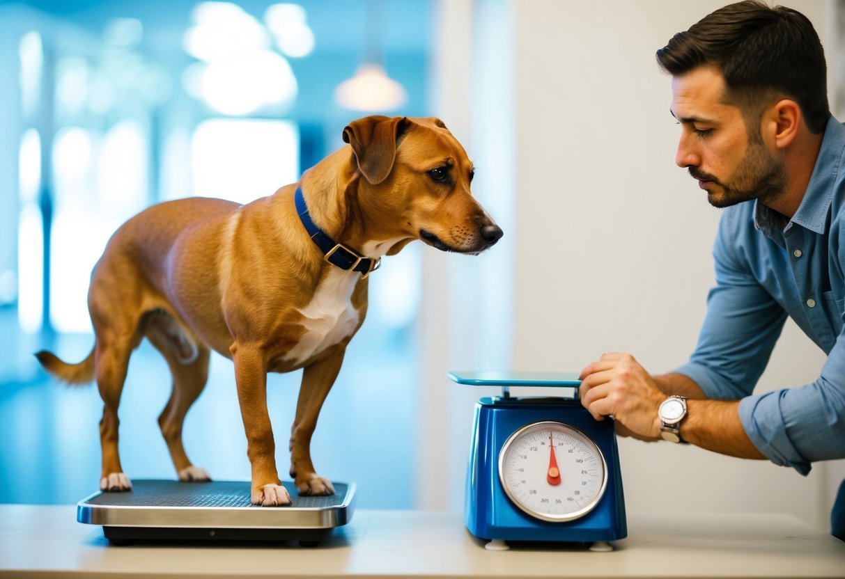 A dog standing on a scale, with a concerned owner looking down at the display