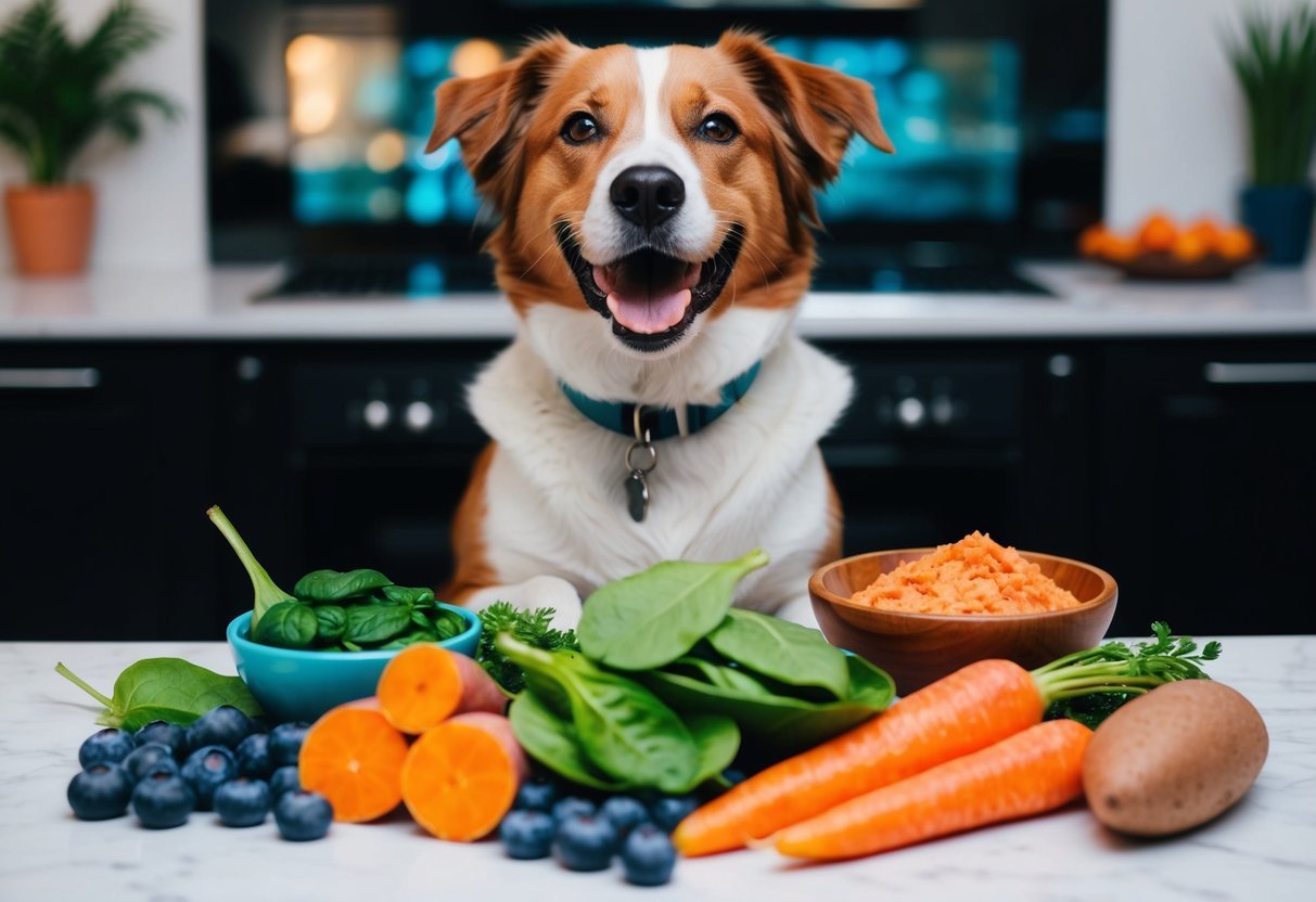 A happy, energetic dog surrounded by colorful, nutrient-rich superfoods like blueberries, spinach, salmon, sweet potatoes, and carrots